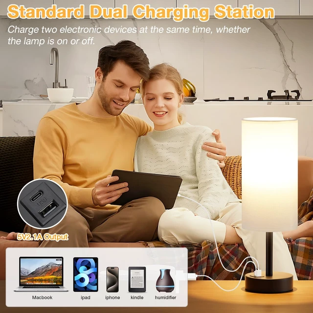 Alt view image 4 of 7 - Bedside Table Lamp for Bedroom - 3-Way Dimmable Touch Lamp, USB A+C | LED Bulb Included, 14" Small Nightstand Lamp for Desk, Living Room, Guest Room, White Fabric Lampshade, Black Metal Base