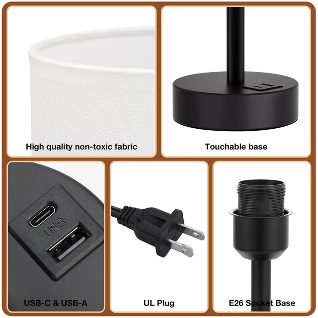 Alt view image 6 of 7 - Bedside Table Lamp for Bedroom - 3-Way Dimmable Touch Lamp, USB A+C | LED Bulb Included, 14" Small Nightstand Lamp for Desk, Living Room, Guest Room, White Fabric Lampshade, Black Metal Base