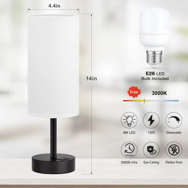 Alt view image 5 of 7 - Bedside Table Lamp for Bedroom - 3-Way Dimmable Touch Lamp, USB A+C | LED Bulb Included, 14" Small Nightstand Lamp for Desk, Living Room, Guest Room, White Fabric Lampshade, Black Metal Base