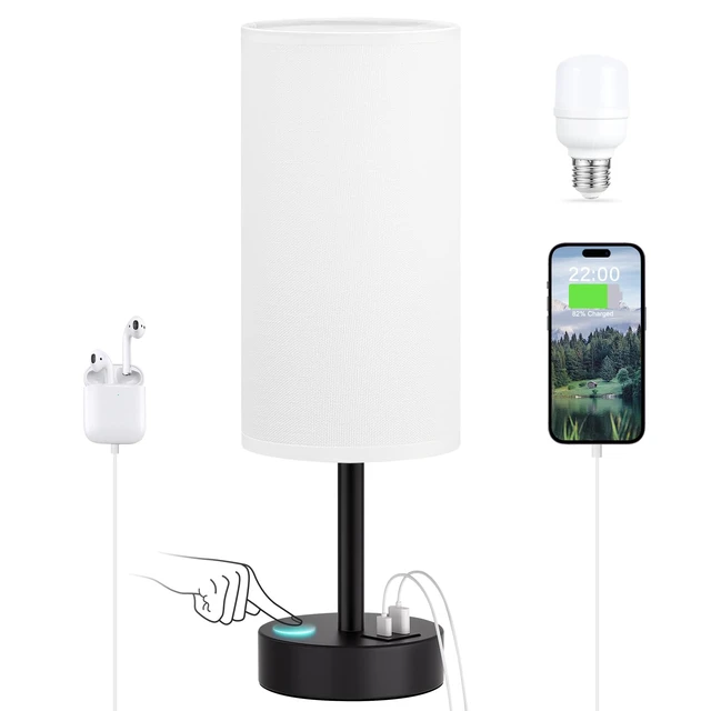 Alt view image 7 of 7 - Bedside Table Lamp for Bedroom - 3-Way Dimmable Touch Lamp, USB A+C | LED Bulb Included, 14" Small Nightstand Lamp for Desk, Living Room, Guest Room, White Fabric Lampshade, Black Metal Base