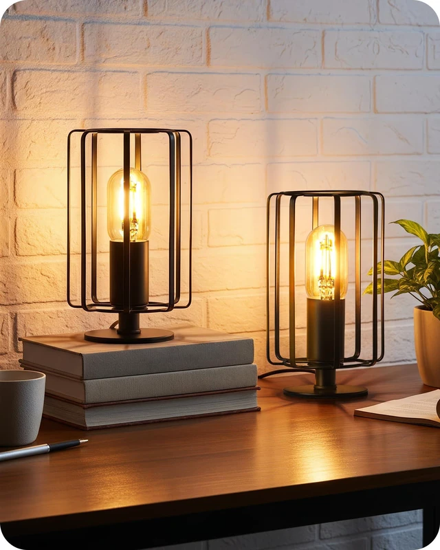 Main image of Industrial Table Lamp Set of 2, Small Bedside Lamp with Dimmable 2400K Warm Light LED Bulb, Vintage Desk Lamp, Rustic Nightstand Lamp for Bedroom, Study, Office, Small Space, Black B05TLP205