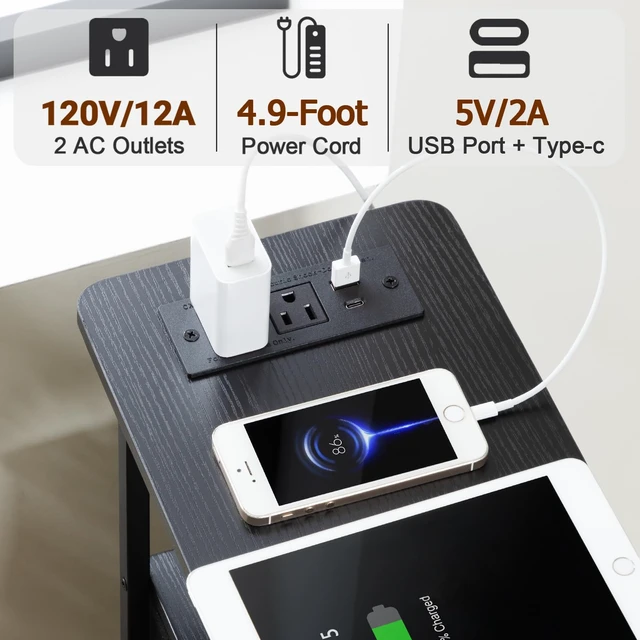 Alt view image 3 of 7 - Narrow End Tables Living Room Set of 2 with Charging Station | Slim Nightstand with 3 Fabric Drawers for Bedroom, Narrow Side Table with Type-C for Small Spaces, Black
