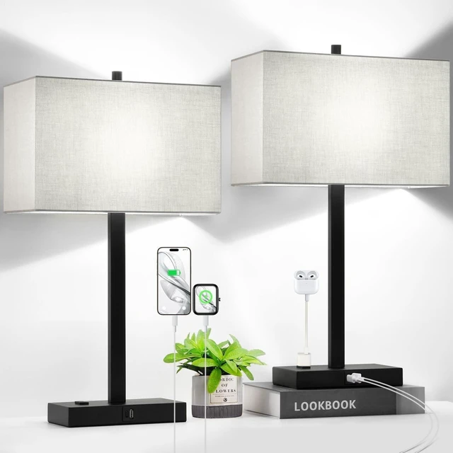Main image of Set of 2 Touch Control Table Lamps with 2 USB & AC Outlet, 3-Way Dimmable Bedside Nightstand Lamps for Bedroom Living Room Nursery, 800 Lumens 5000K Daylight Bulbs Included
