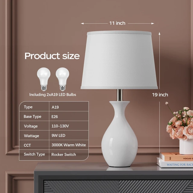 Alt view image 2 of 7 - Table Lamp Set of 2, Modern Ceramic Bedside Lamps for Night Stands, Classic Small Lamp Nightstand Lamp for Bedroom Living Room Desk End Table Rocker Swtich White