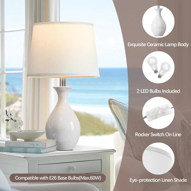 Alt view image 3 of 7 - Table Lamp Set of 2, Modern Ceramic Bedside Lamps for Night Stands, Classic Small Lamp Nightstand Lamp for Bedroom Living Room Desk End Table Rocker Swtich White