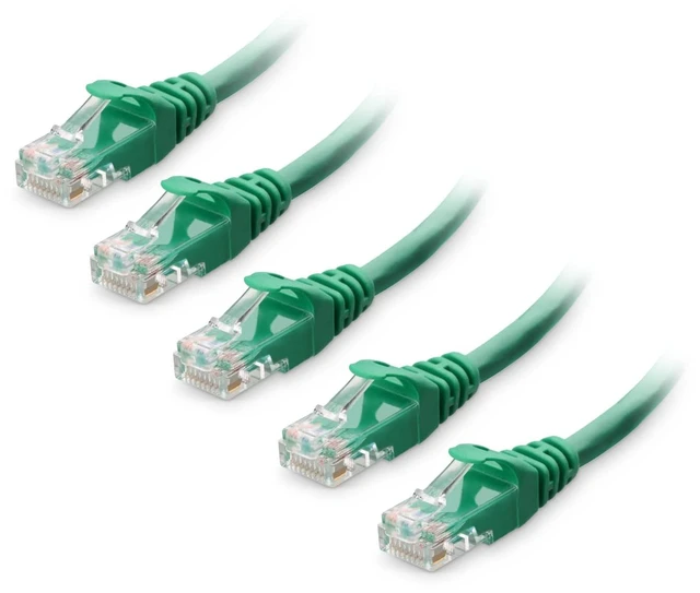 Main image of 10Gbps 5-Pack Snagless Cat 6 Ethernet Cable, 1ft, Green | 24 AWG Bare Copper, Gold-Plated RJ45, PoE++, 550MHz Bandwidth, Cat6 Cable, Ethernet Cord