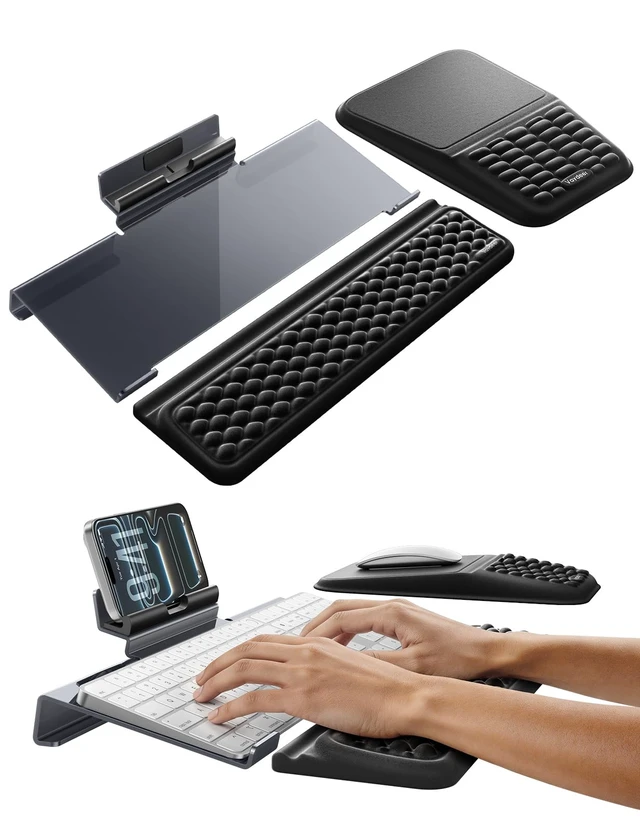 Main image of Keyboard Stand and Mouse Pad Set with Wrist Rests, Phone Holder | Clear Acrylic Tilted Keyboard Riser with Phone Stand, Ergonomic Keyboard Wrist Support, Memory Foam Mouse Pad with Wrist Rest