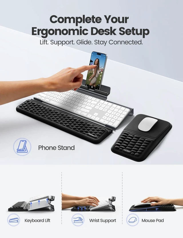 Alt view image 4 of 7 - Keyboard Stand and Mouse Pad Set with Wrist Rests, Phone Holder | Clear Acrylic Tilted Keyboard Riser with Phone Stand, Ergonomic Keyboard Wrist Support, Memory Foam Mouse Pad with Wrist Rest