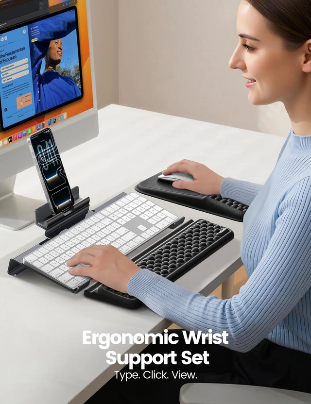 Alt view image 3 of 7 - Keyboard Stand and Mouse Pad Set with Wrist Rests, Phone Holder | Clear Acrylic Tilted Keyboard Riser with Phone Stand, Ergonomic Keyboard Wrist Support, Memory Foam Mouse Pad with Wrist Rest