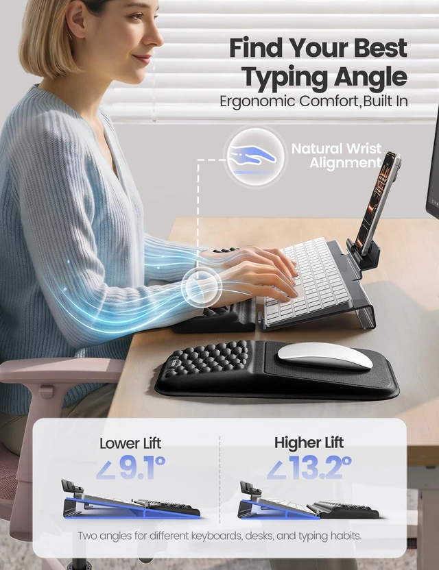 Alt view image 5 of 7 - Keyboard Stand and Mouse Pad Set with Wrist Rests, Phone Holder | Clear Acrylic Tilted Keyboard Riser with Phone Stand, Ergonomic Keyboard Wrist Support, Memory Foam Mouse Pad with Wrist Rest