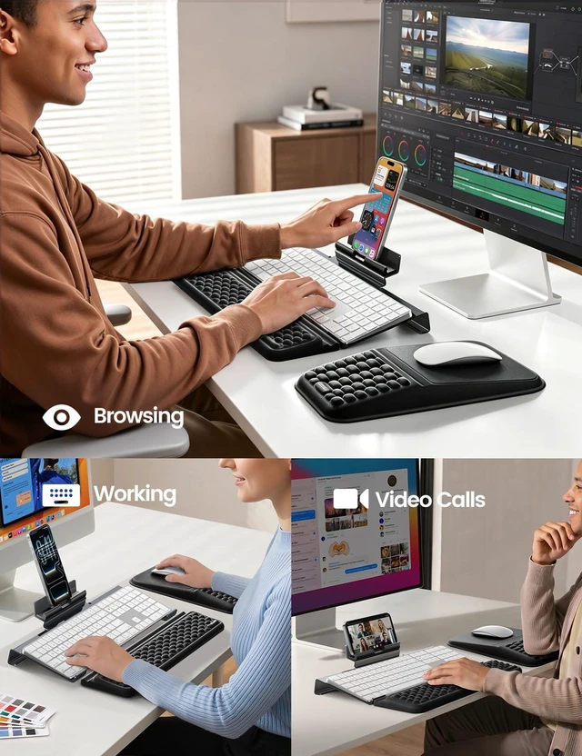 Alt view image 7 of 7 - Keyboard Stand and Mouse Pad Set with Wrist Rests, Phone Holder | Clear Acrylic Tilted Keyboard Riser with Phone Stand, Ergonomic Keyboard Wrist Support, Memory Foam Mouse Pad with Wrist Rest