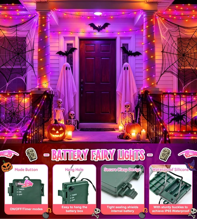 Alt view image 4 of 7 - Halloween Lights Outdoor, Total 39Ft 120LEDs Orange and Purple Fairy Lights | Battery Operated, Timer, IP65 Waterproof String Light for Porch Patio Garden Window Pathway Halloween Decorations