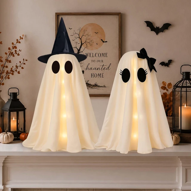 Main image of 2 Pack 24 Inch Halloween Ghost Decorations, Light Up Ghosts with Witch Hats, DIY Spooky Ghost Decor with LED Lights for Porch Yard Lawn Garden Home Halloween Party