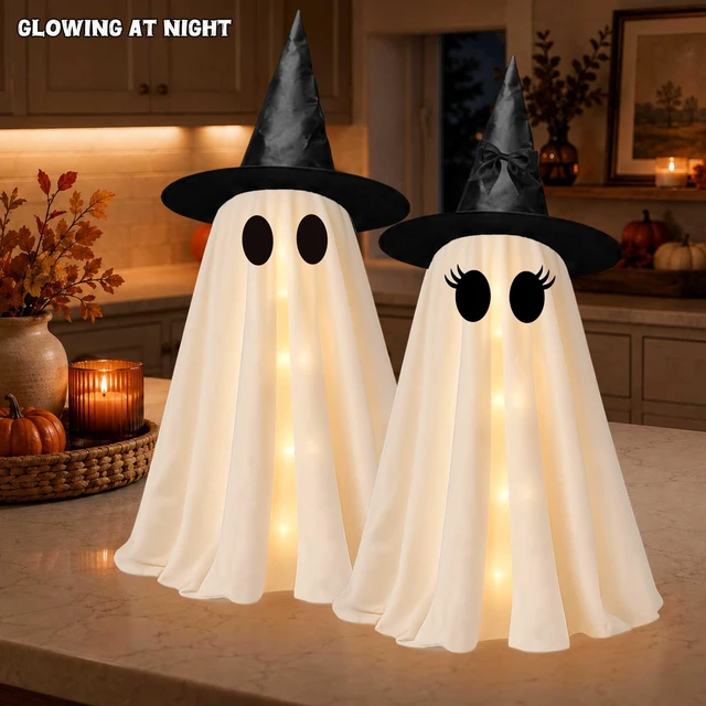 Alt view image 4 of 7 - 2 Pack 24 Inch Halloween Ghost Decorations, Light Up Ghosts with Witch Hats, DIY Spooky Ghost Decor with LED Lights for Porch Yard Lawn Garden Home Halloween Party