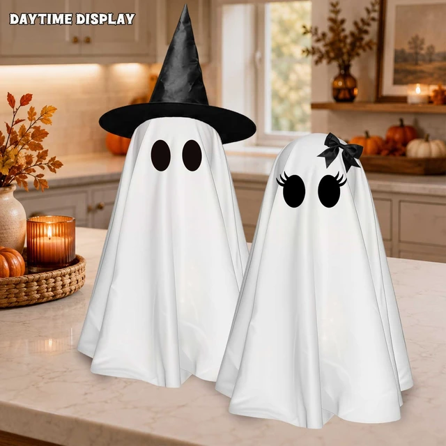 Alt view image 3 of 7 - 2 Pack 24 Inch Halloween Ghost Decorations, Light Up Ghosts with Witch Hats, DIY Spooky Ghost Decor with LED Lights for Porch Yard Lawn Garden Home Halloween Party