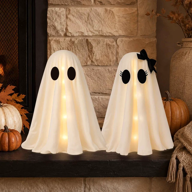 Alt view image 5 of 7 - 2 Pack 24 Inch Halloween Ghost Decorations, Light Up Ghosts with Witch Hats, DIY Spooky Ghost Decor with LED Lights for Porch Yard Lawn Garden Home Halloween Party