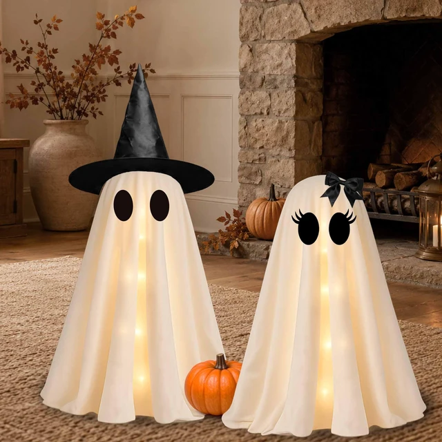 Alt view image 6 of 7 - 2 Pack 24 Inch Halloween Ghost Decorations, Light Up Ghosts with Witch Hats, DIY Spooky Ghost Decor with LED Lights for Porch Yard Lawn Garden Home Halloween Party