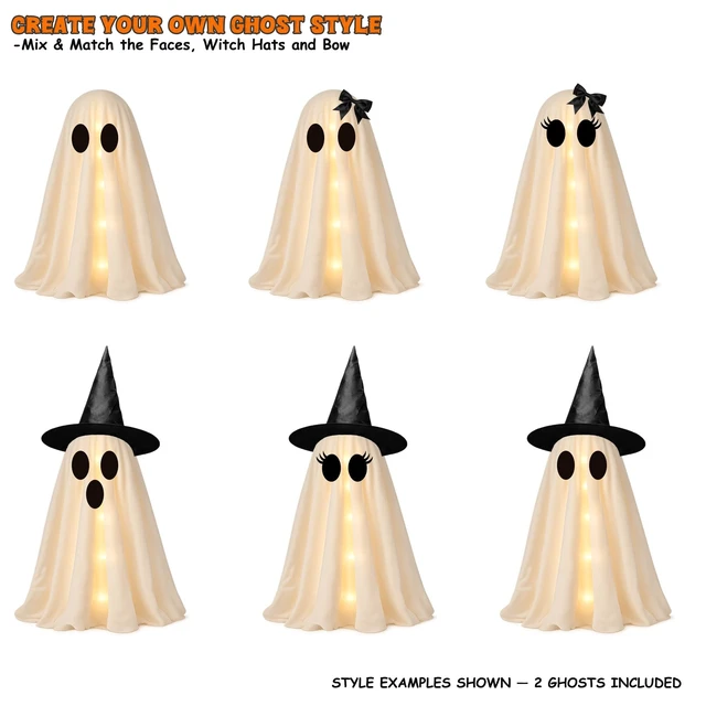 Alt view image 7 of 7 - 2 Pack 24 Inch Halloween Ghost Decorations, Light Up Ghosts with Witch Hats, DIY Spooky Ghost Decor with LED Lights for Porch Yard Lawn Garden Home Halloween Party