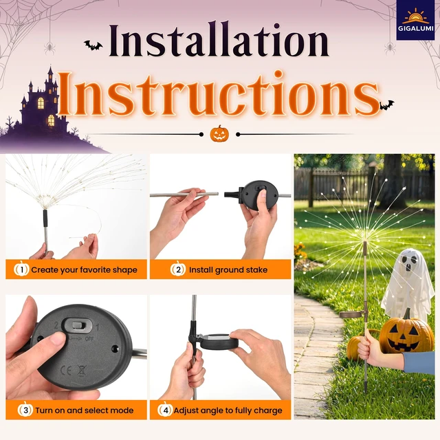 Alt view image 7 of 7 - 2 Pack Solar Firework Lights Outdoor, Halloween Decor, Purple | 120 LEDs, Fairy Design, Waterproof, Garden Decor, Solar Powered for Yard, Pathway, Flowerbed, Planter, Balcony, Gifts for Mom