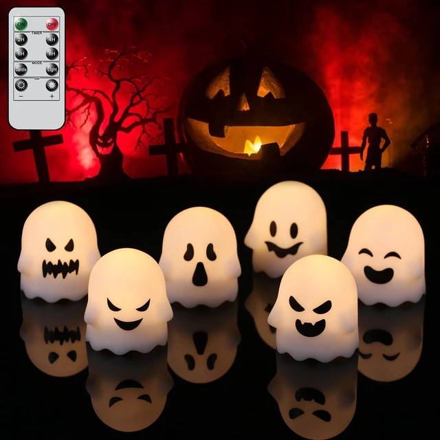 Main image of Halloween Ghost Lights Flameless Votive Candles with Remote Timer | Battery Operated(Included) LED Candles Flickering, 400 Hours Long Lasting, Cute Halloween Indoor Decor, 2"Dx2.4"H, 6 Pack