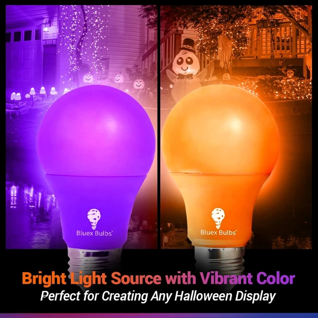 Alt view image 3 of 7 - 4 Pack A19 LED Purple Light Bulb LED Orange Light Bulb 120V E26 Base 9 Watt (60-watt Replacement) Purple Bulb Orange Bulb, Party Decoration, Porch, Home Lighting, Halloween Light Bulbs