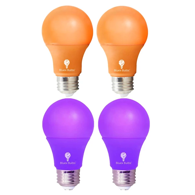 Main image of 4 Pack A19 LED Purple Light Bulb LED Orange Light Bulb 120V E26 Base 9 Watt (60-watt Replacement) Purple Bulb Orange Bulb, Party Decoration, Porch, Home Lighting, Halloween Light Bulbs