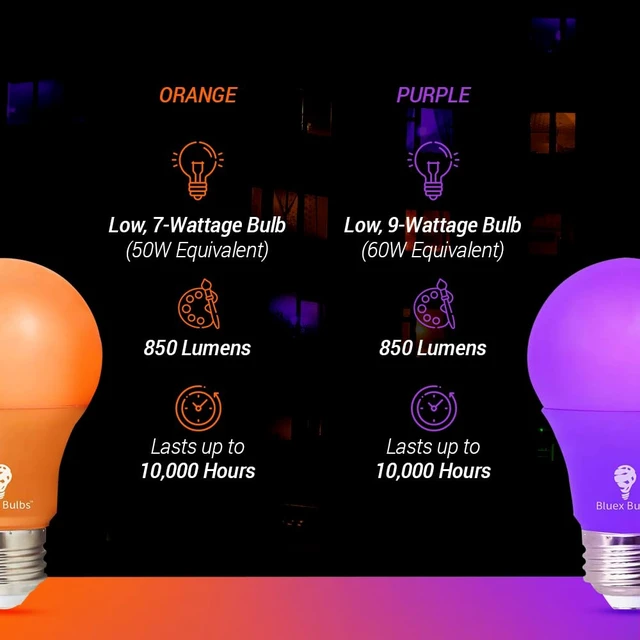 Alt view image 5 of 7 - 4 Pack A19 LED Purple Light Bulb LED Orange Light Bulb 120V E26 Base 9 Watt (60-watt Replacement) Purple Bulb Orange Bulb, Party Decoration, Porch, Home Lighting, Halloween Light Bulbs