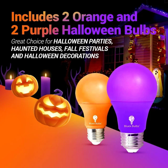 Alt view image 6 of 7 - 4 Pack A19 LED Purple Light Bulb LED Orange Light Bulb 120V E26 Base 9 Watt (60-watt Replacement) Purple Bulb Orange Bulb, Party Decoration, Porch, Home Lighting, Halloween Light Bulbs
