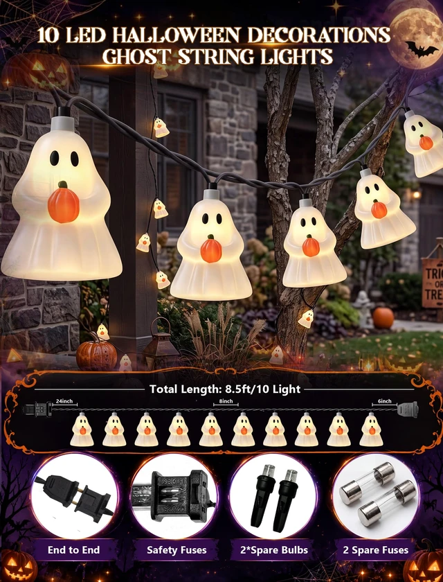 Alt view image 2 of 7 - Halloween Decoration Ghost String Lights, 8.5Ft 10 LED Ghost Lights Plug in 4.8W 120V, Warm White Glow, UL Listed & IP44 Waterproof, Hanging Connectable for Home Porch Garden Window Decor, Black Wire