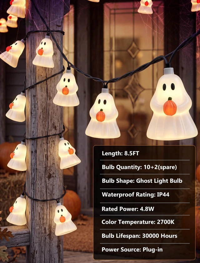 Alt view image 4 of 7 - Halloween Decoration Ghost String Lights, 8.5Ft 10 LED Ghost Lights Plug in 4.8W 120V, Warm White Glow, UL Listed & IP44 Waterproof, Hanging Connectable for Home Porch Garden Window Decor, Black Wire
