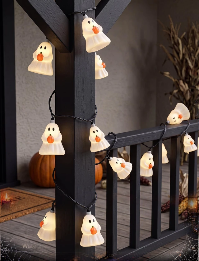 Alt view image 6 of 7 - Halloween Decoration Ghost String Lights, 8.5Ft 10 LED Ghost Lights Plug in 4.8W 120V, Warm White Glow, UL Listed & IP44 Waterproof, Hanging Connectable for Home Porch Garden Window Decor, Black Wire