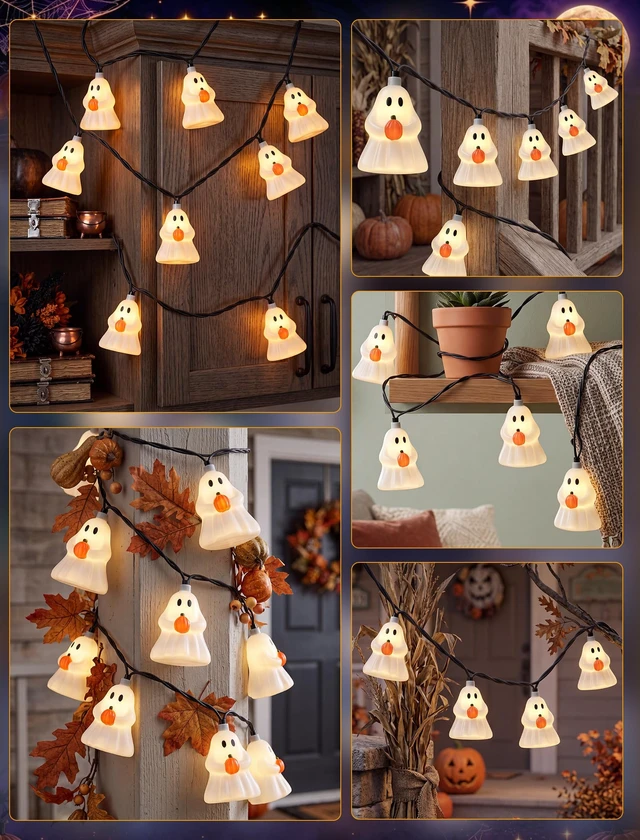 Alt view image 7 of 7 - Halloween Decoration Ghost String Lights, 8.5Ft 10 LED Ghost Lights Plug in 4.8W 120V, Warm White Glow, UL Listed & IP44 Waterproof, Hanging Connectable for Home Porch Garden Window Decor, Black Wire