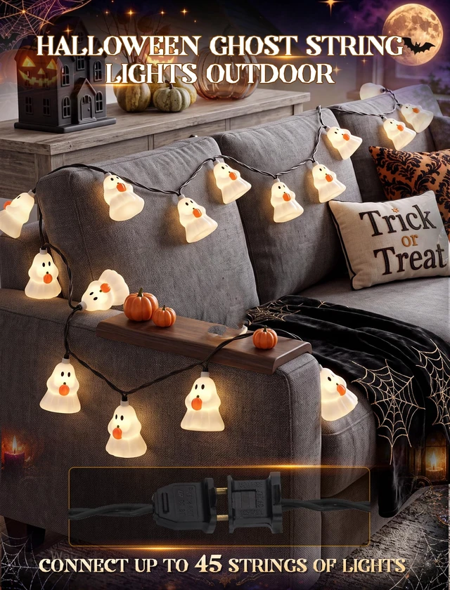 Alt view image 5 of 7 - Halloween Decoration Ghost String Lights, 8.5Ft 10 LED Ghost Lights Plug in 4.8W 120V, Warm White Glow, UL Listed & IP44 Waterproof, Hanging Connectable for Home Porch Garden Window Decor, Black Wire