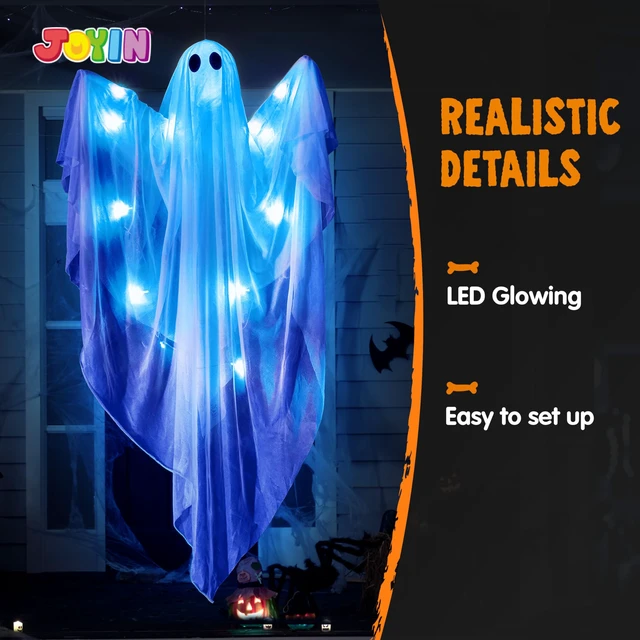 Alt view image 3 of 7 - Halloween Hanging Light up Ghost, 47 White Ghosts with Blue LED Light and Timer Halloween Hanging Decoration Waterproof for Front Yard Patio Lawn Garden Party Decor Indoor Outdoor