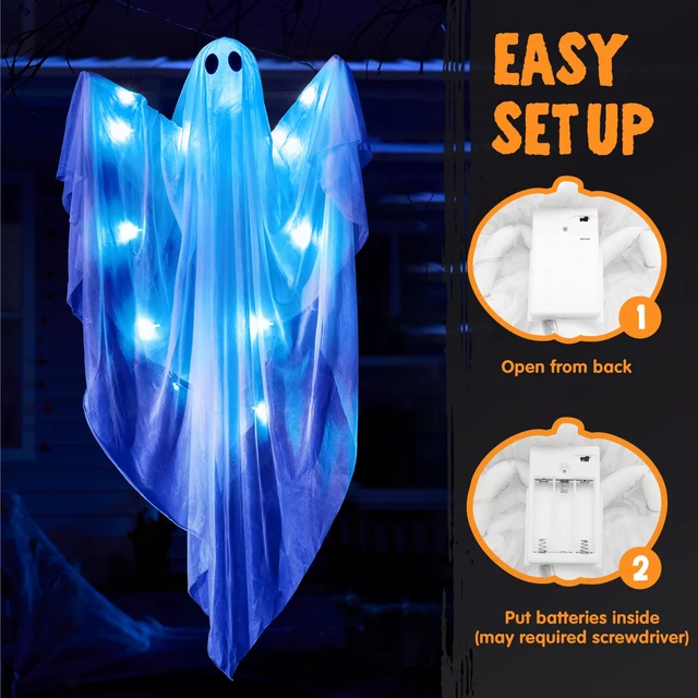 Alt view image 4 of 7 - Halloween Hanging Light up Ghost, 47 White Ghosts with Blue LED Light and Timer Halloween Hanging Decoration Waterproof for Front Yard Patio Lawn Garden Party Decor Indoor Outdoor