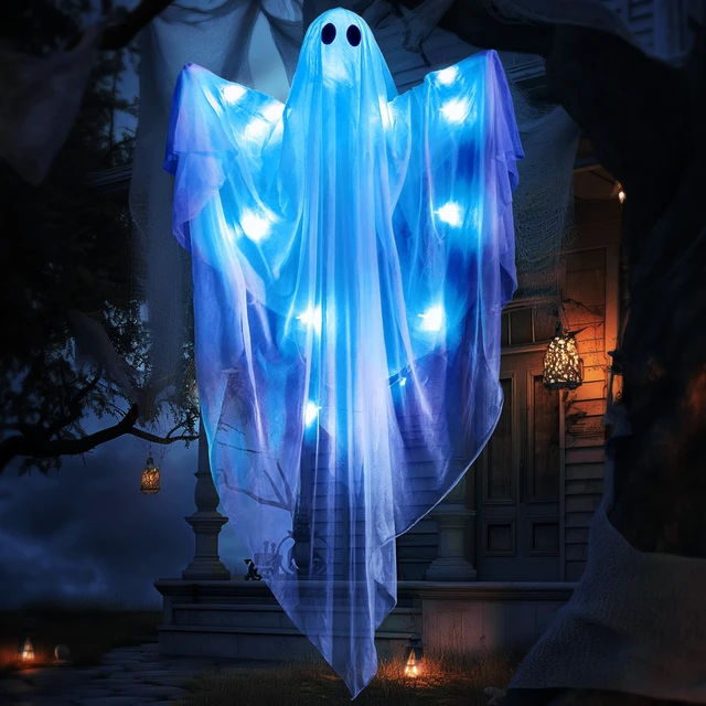 Alt view image 6 of 7 - Halloween Hanging Light up Ghost, 47 White Ghosts with Blue LED Light and Timer Halloween Hanging Decoration Waterproof for Front Yard Patio Lawn Garden Party Decor Indoor Outdoor