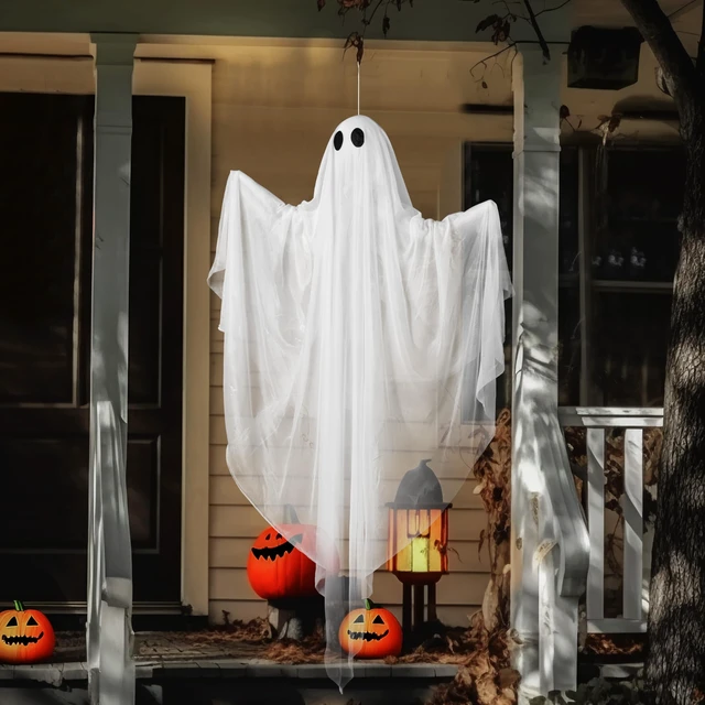 Alt view image 7 of 7 - Halloween Hanging Light up Ghost, 47 White Ghosts with Blue LED Light and Timer Halloween Hanging Decoration Waterproof for Front Yard Patio Lawn Garden Party Decor Indoor Outdoor