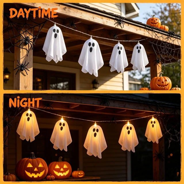 Alt view image 2 of 5 - Halloween Decoration Cute 20Ghost LED Light Up Garland Banner Decor 9.9ft Cute 20 Ghost Lights Up Banner Hanging Decorations for Halloween Birthday Party for Mantel Fireplace Windows Porch Home Decor