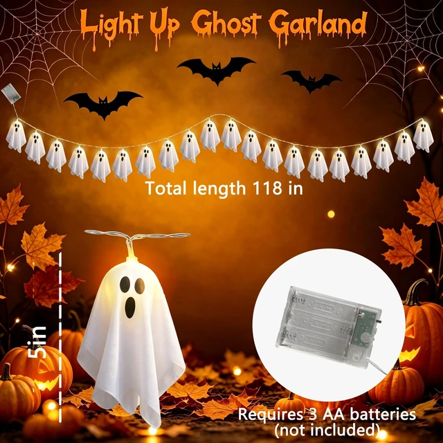 Alt view image 3 of 5 - Halloween Decoration Cute 20Ghost LED Light Up Garland Banner Decor 9.9ft Cute 20 Ghost Lights Up Banner Hanging Decorations for Halloween Birthday Party for Mantel Fireplace Windows Porch Home Decor