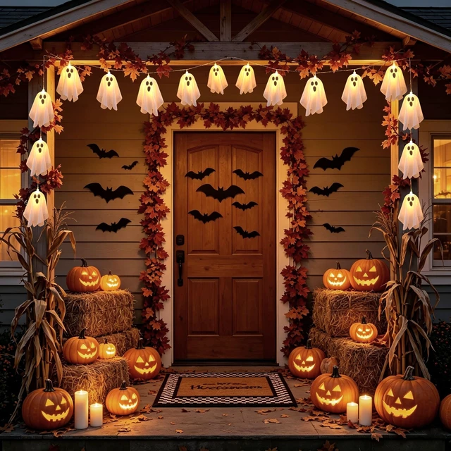 Alt view image 5 of 5 - Halloween Decoration Cute 20Ghost LED Light Up Garland Banner Decor 9.9ft Cute 20 Ghost Lights Up Banner Hanging Decorations for Halloween Birthday Party for Mantel Fireplace Windows Porch Home Decor