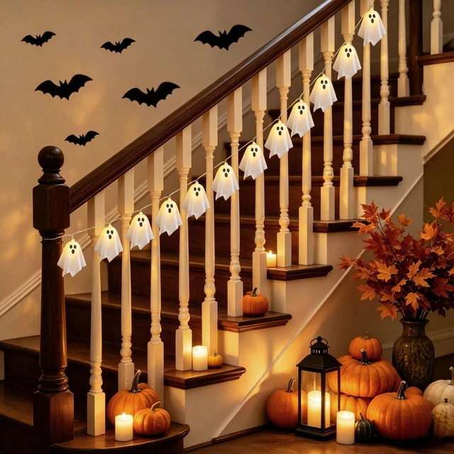 Alt view image 4 of 5 - Halloween Decoration Cute 20Ghost LED Light Up Garland Banner Decor 9.9ft Cute 20 Ghost Lights Up Banner Hanging Decorations for Halloween Birthday Party for Mantel Fireplace Windows Porch Home Decor