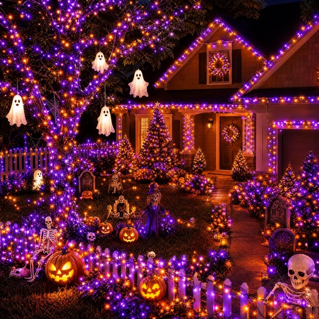 Alt view image 5 of 7 - Halloween Lights, 200 LED 66FT Outdoor Halloween Lights Plug in with 8 Modes, Waterproof Light Outdoor, Indoor Decorations for Party Yard Haunted House Decor, Orange and Purple