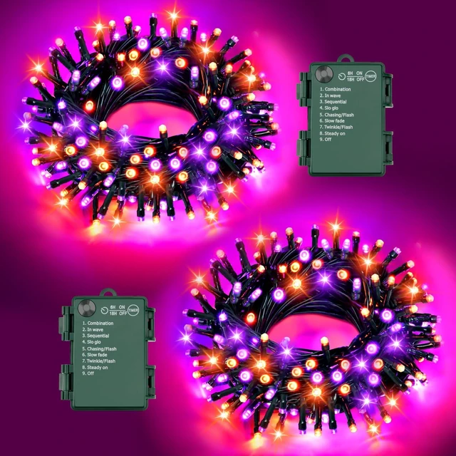 Main image of Halloween Lights String Total 100LED Battery Operated Outdoor 8 Modes with Timer 16.4Ft*2, 50LED*2 Waterproof Fairy Lights Indoor for Halloween Decor, Orange&Purple, 2-Pack