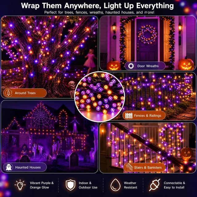 Alt view image 6 of 7 - Halloween Lights, 200 LED 66FT Outdoor Halloween Lights Plug in with 8 Modes, Waterproof Light Outdoor, Indoor Decorations for Party Yard Haunted House Decor, Orange and Purple