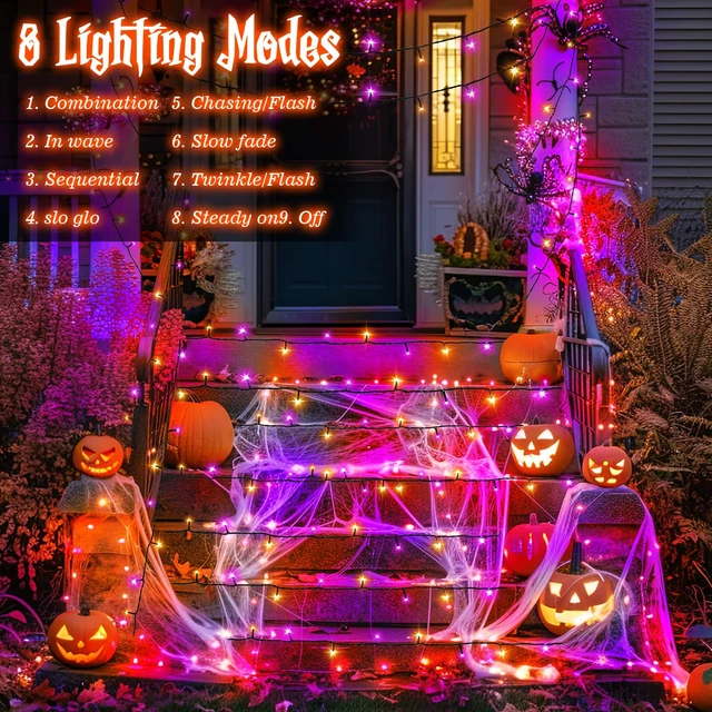 Alt view image 2 of 7 - Halloween Lights String Total 100LED Battery Operated Outdoor 8 Modes with Timer 16.4Ft*2, 50LED*2 Waterproof Fairy Lights Indoor for Halloween Decor, Orange&Purple, 2-Pack