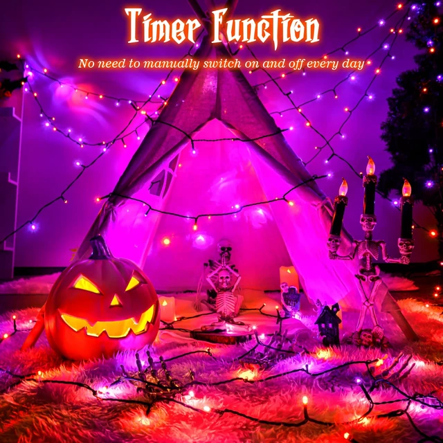 Alt view image 3 of 7 - Halloween Lights String Total 100LED Battery Operated Outdoor 8 Modes with Timer 16.4Ft*2, 50LED*2 Waterproof Fairy Lights Indoor for Halloween Decor, Orange&Purple, 2-Pack