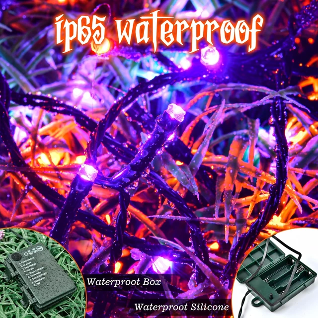 Alt view image 4 of 7 - Halloween Lights String Total 100LED Battery Operated Outdoor 8 Modes with Timer 16.4Ft*2, 50LED*2 Waterproof Fairy Lights Indoor for Halloween Decor, Orange&Purple, 2-Pack