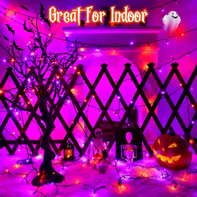 Alt view image 6 of 7 - Halloween Lights String Total 100LED Battery Operated Outdoor 8 Modes with Timer 16.4Ft*2, 50LED*2 Waterproof Fairy Lights Indoor for Halloween Decor, Orange&Purple, 2-Pack