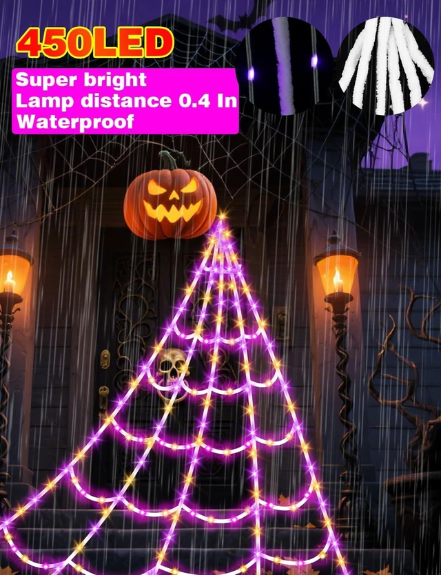 Alt view image 2 of 7 - Halloween Decorations Outdoor Spider Web,Upgraded 450 LED Spider Web Lights | Full-Web Glow with Horizontal & Vertical LED Strips,Waterproof Lighted Spider Web for Outdoor Halloween Yard Decor