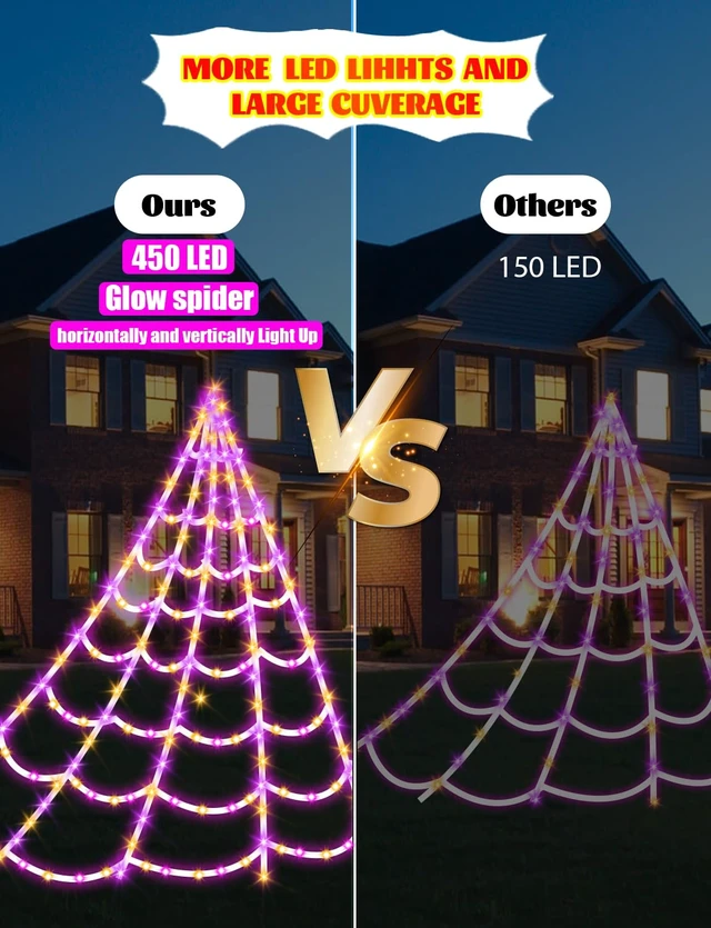 Alt view image 4 of 7 - Halloween Decorations Outdoor Spider Web,Upgraded 450 LED Spider Web Lights | Full-Web Glow with Horizontal & Vertical LED Strips,Waterproof Lighted Spider Web for Outdoor Halloween Yard Decor